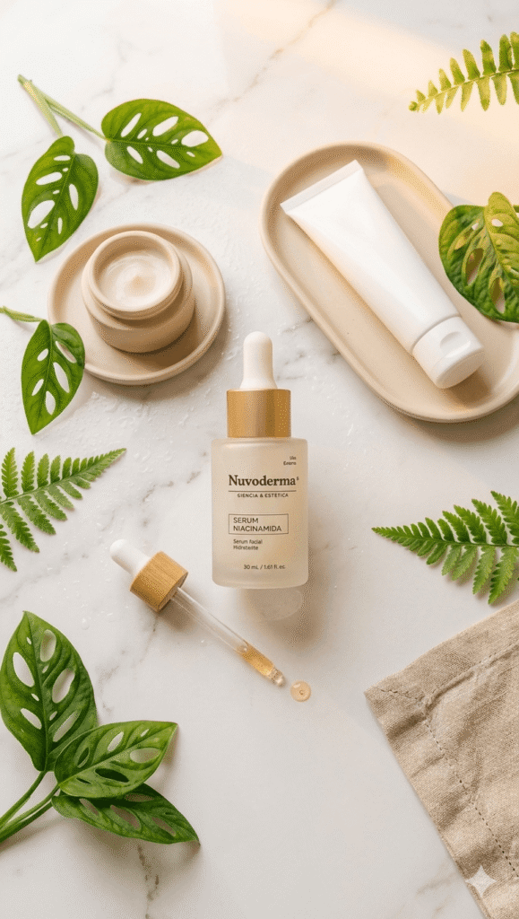 Rutina skincare para piel colombiana clima tropical — sérum niacinamida Nuvoderma